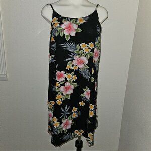 Tiki Palm Black Floral Tropical Dress Hawaiian Vaca Adjustable Straps Size Large